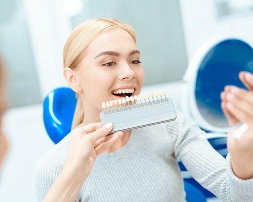 Patient's smile compared with tooth color chart