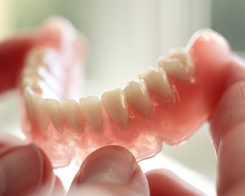 Hand holding full denture